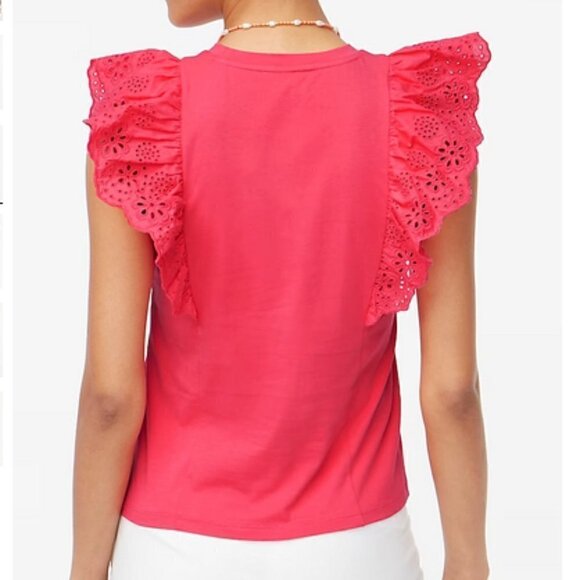 J. Crew Fuchsia Pink Ruffle-Sleeve Eyelet Top, New With Tags - Picture 3 of 4